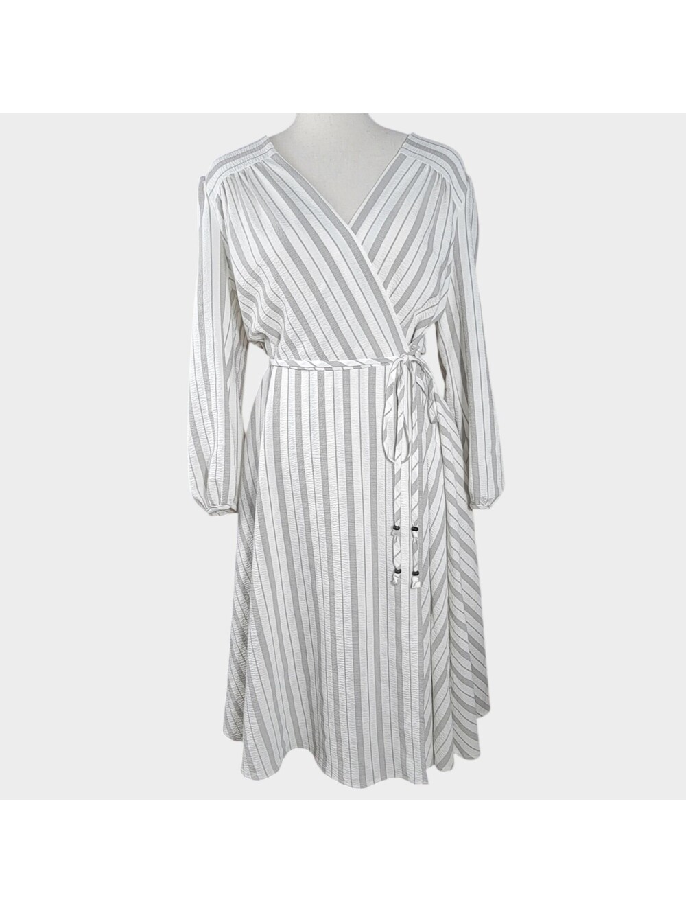 Calvin Klein Dress Womens 10 Faux Wrap Midi Gray White Striped Tie Waist Casual